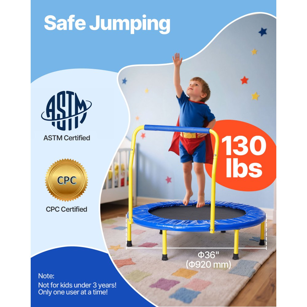 VEVOR Trampolín para Niños Plegable Cama Elástica Interior Exterior 92 cm para Niños Pequeños con Mango de Espuma Ejercicios de Trampolín Recreativos Regalo de Cumpleaños para Niños Más de 3 Años