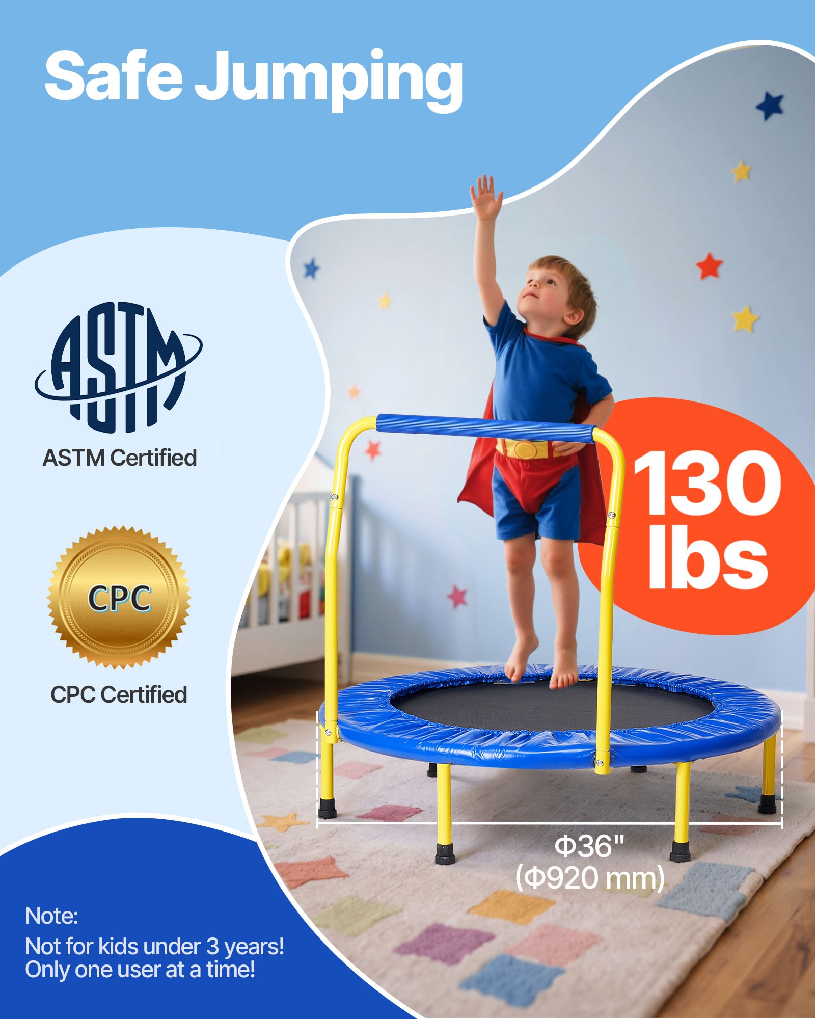 VEVOR Trampolín para Niños Plegable Cama Elástica Interior Exterior 92 cm para Niños Pequeños con Mango de Espuma Ejercicios de Trampolín Recreativos Regalo de Cumpleaños para Niños Más de 3 Años
