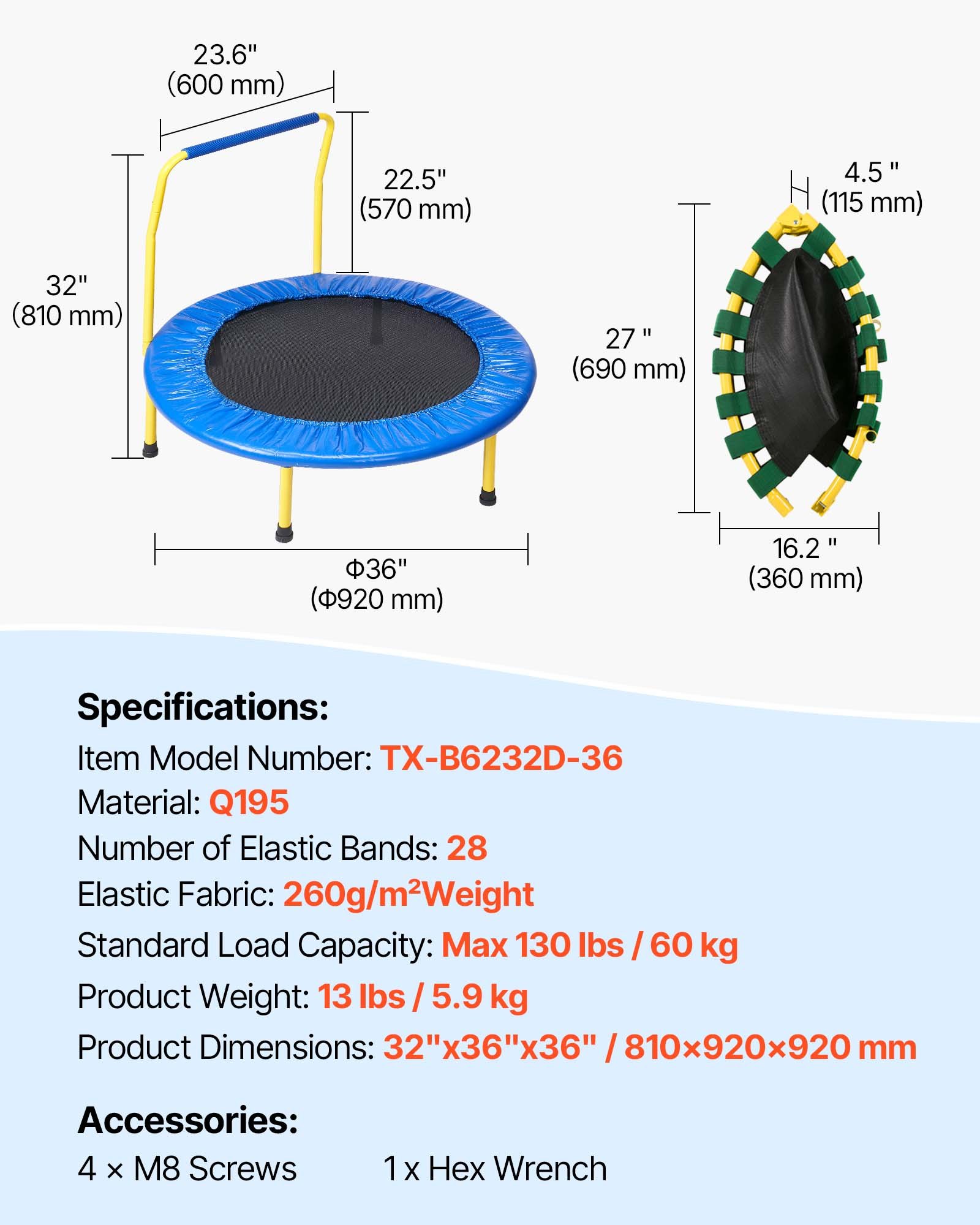 VEVOR Trampolín para Niños Plegable Cama Elástica Interior Exterior 92 cm para Niños Pequeños con Mango de Espuma Ejercicios de Trampolín Recreativos Regalo de Cumpleaños para Niños Más de 3 Años