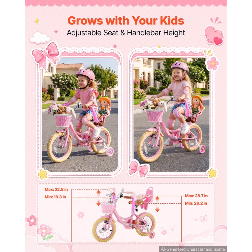 VEVOR Bicicleta Infantil 14 Pulgadas Princesa Niñas 3-5 Años con Ruedines, con Asiento Ajustable, Freno Delantero y Contrapedal, Cesta Delantera, Asiento para Muñeca y Acero al Carbono para Paseos