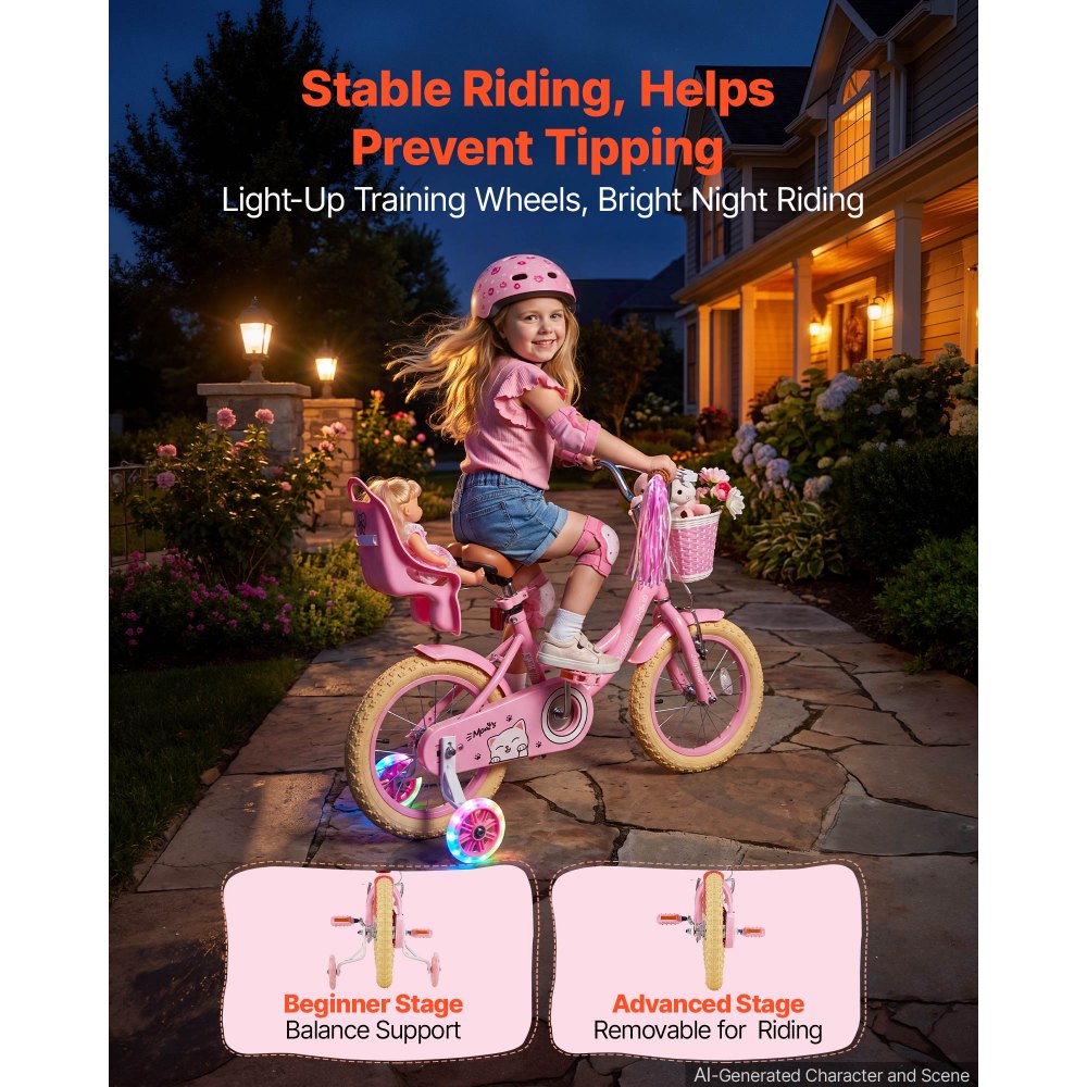 VEVOR Bicicleta Infantil 14 Pulgadas Princesa Niñas 3-5 Años con Ruedines, con Asiento Ajustable, Freno Delantero y Contrapedal, Cesta Delantera, Asiento para Muñeca y Acero al Carbono para Paseos
