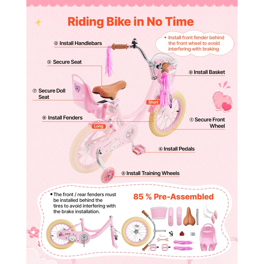 VEVOR Bicicleta Infantil 14 Pulgadas Princesa Niñas 3-5 Años con Ruedines, con Asiento Ajustable, Freno Delantero y Contrapedal, Cesta Delantera, Asiento para Muñeca y Acero al Carbono para Paseos