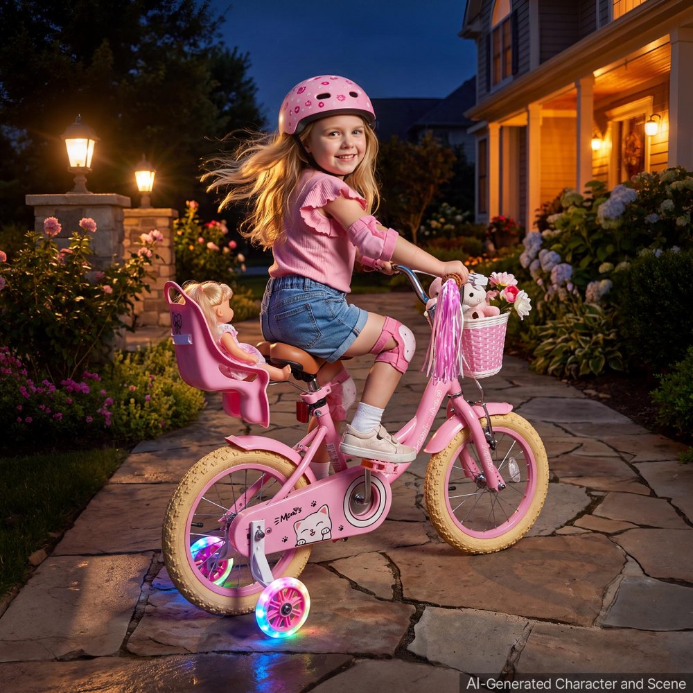 VEVOR Bicicleta Infantil 14 Pulgadas Princesa Niñas 3-5 Años con Ruedines, con Asiento Ajustable, Freno Delantero y Contrapedal, Cesta Delantera, Asiento para Muñeca y Acero al Carbono para Paseos