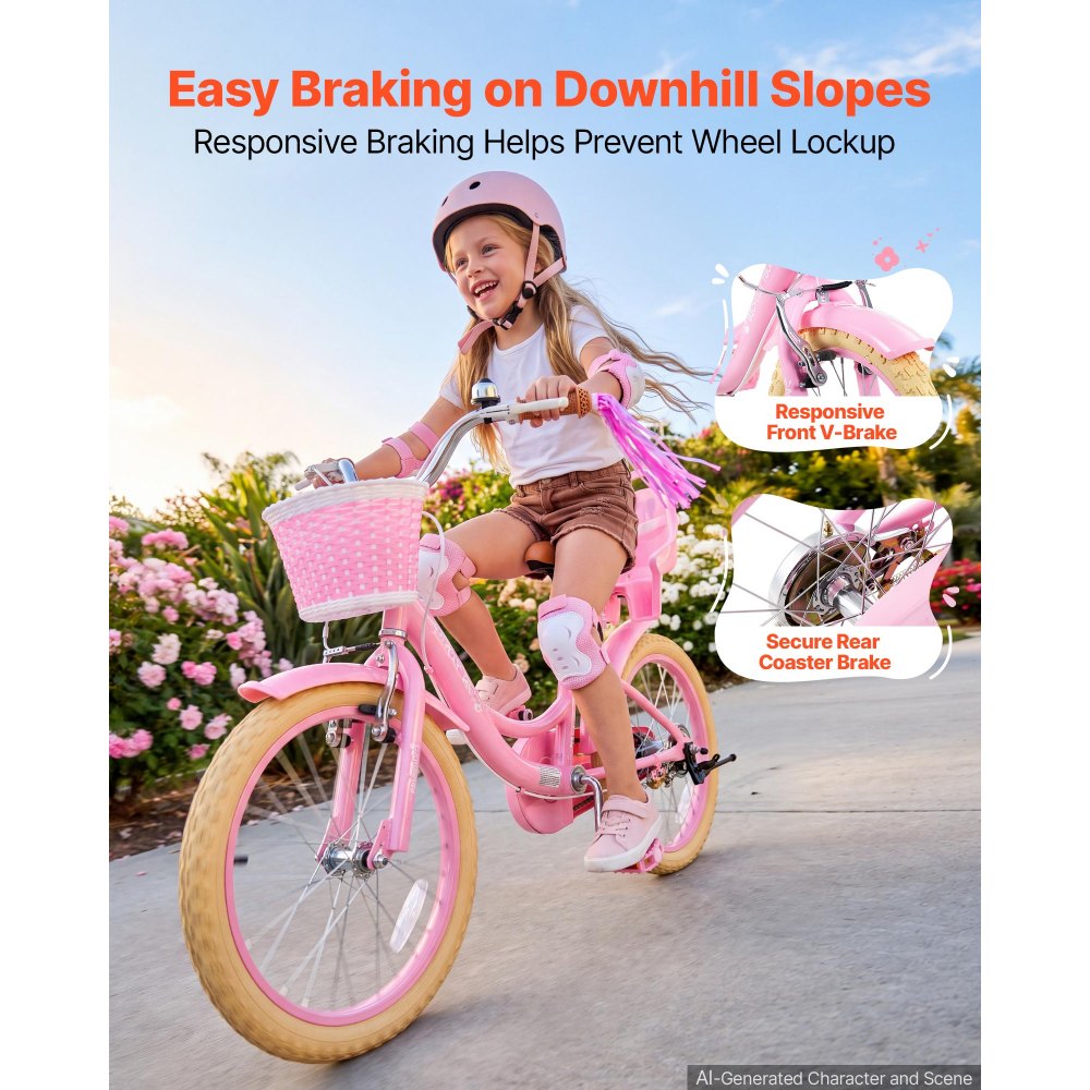 VEVOR Bicicleta Infantil 18 Pulgadas Rosa Niñas 5-8 Años Estilo Princesa, con Asiento Ajustable, Freno Delantero y Tambor Trasero, Cesta Delantera, Asiento para Muñeca y Cuadro de Acero para Paseos