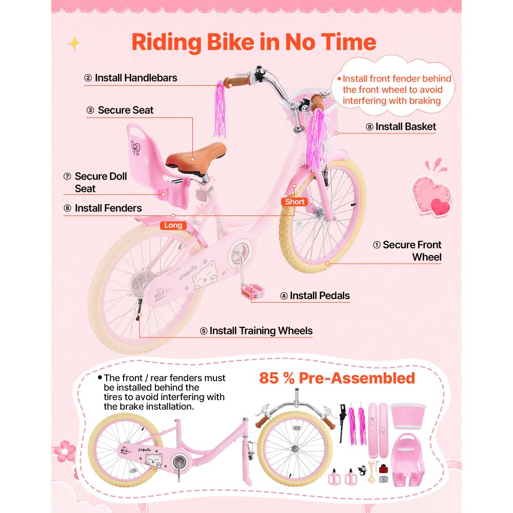 VEVOR Bicicleta Infantil 20 Pulgadas Princesa Rosa Niños 7-13 Años Acero para Paseos, con Asiento Ajustable, Freno Delantero y Tambor Trasero, Cesta Delantera y Asiento para Muñeca, Cuadro de Acero