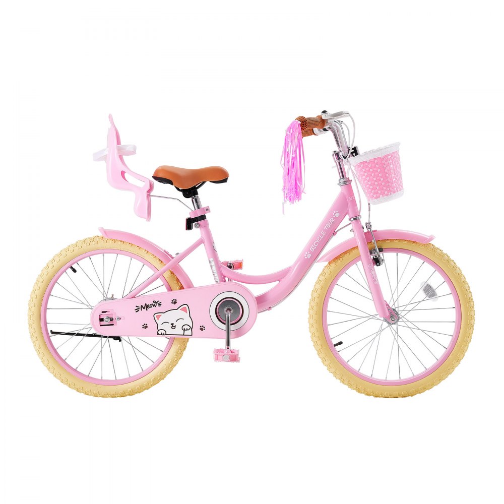 VEVOR Bicicleta Infantil 20 Pulgadas Princesa Rosa Niños 7-13 Años Acero para Paseos, con Asiento Ajustable, Freno Delantero y Tambor Trasero, Cesta Delantera y Asiento para Muñeca, Cuadro de Acero