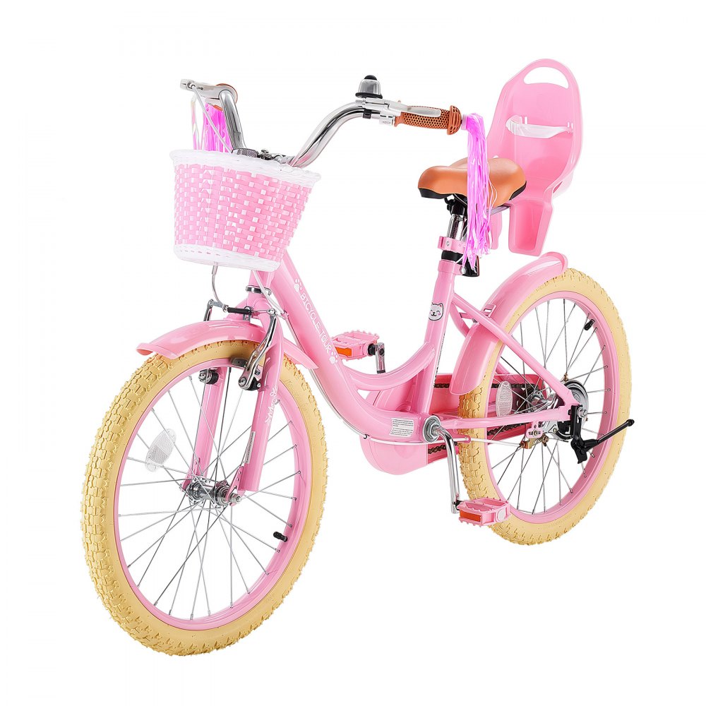 VEVOR Bicicleta Infantil 20 Pulgadas Princesa Rosa Niños 7-13 Años Acero para Paseos, con Asiento Ajustable, Freno Delantero y Tambor Trasero, Cesta Delantera y Asiento para Muñeca, Cuadro de Acero