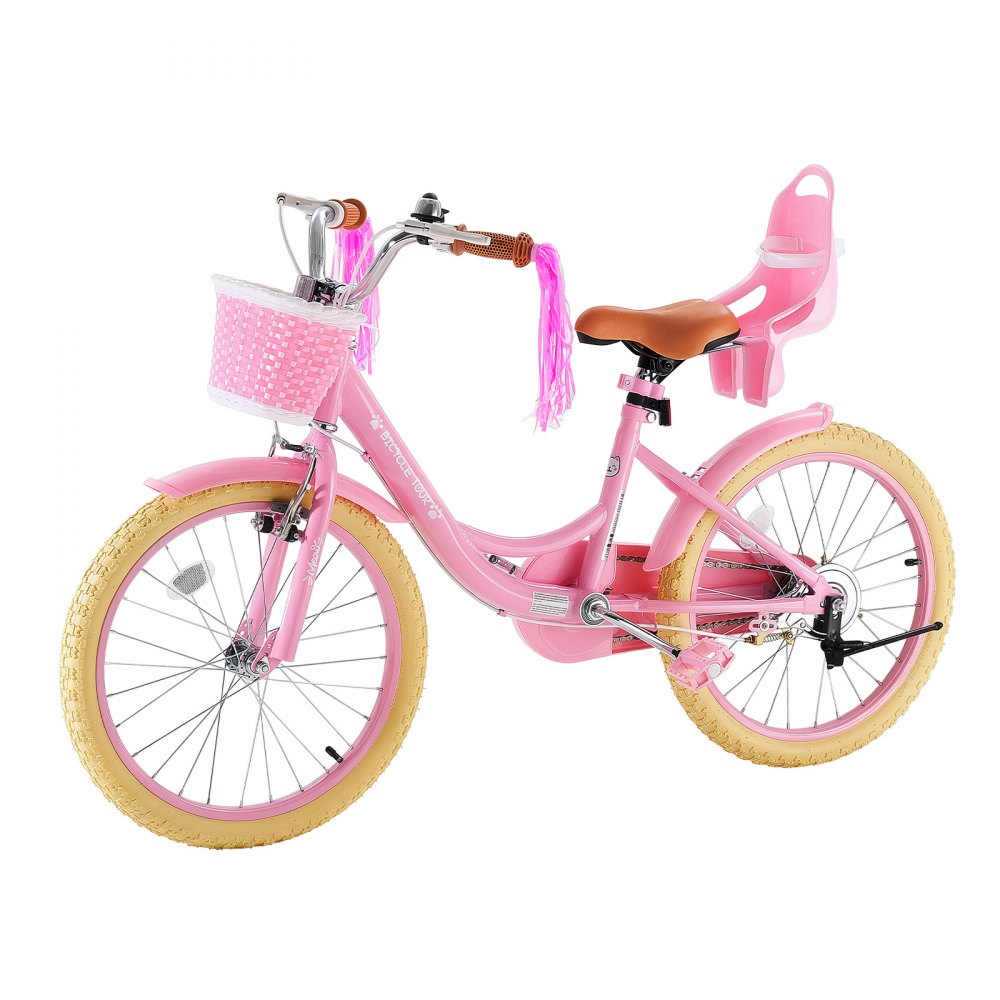 VEVOR Bicicleta Infantil 20 Pulgadas Princesa Rosa Niños 7-13 Años Acero para Paseos, con Asiento Ajustable, Freno Delantero y Tambor Trasero, Cesta Delantera y Asiento para Muñeca, Cuadro de Acero