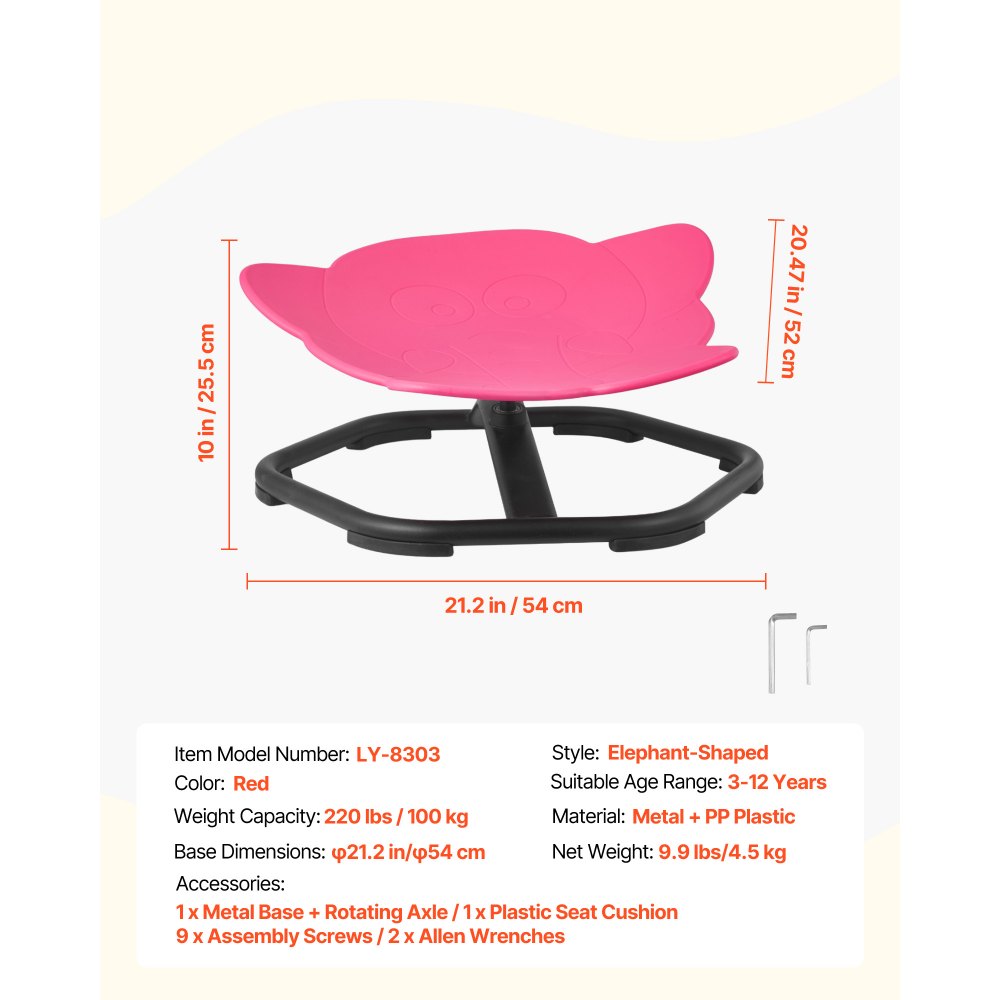 VEVOR Silla Giratoria Infantil Sensorial, Forma de Elefante, hasta 100 kg, con Base Metálica Antideslizante, Favorece la Coordinación, el Equilibrio y la Concentración, Roja, 54 x 54 x 25,5 cm