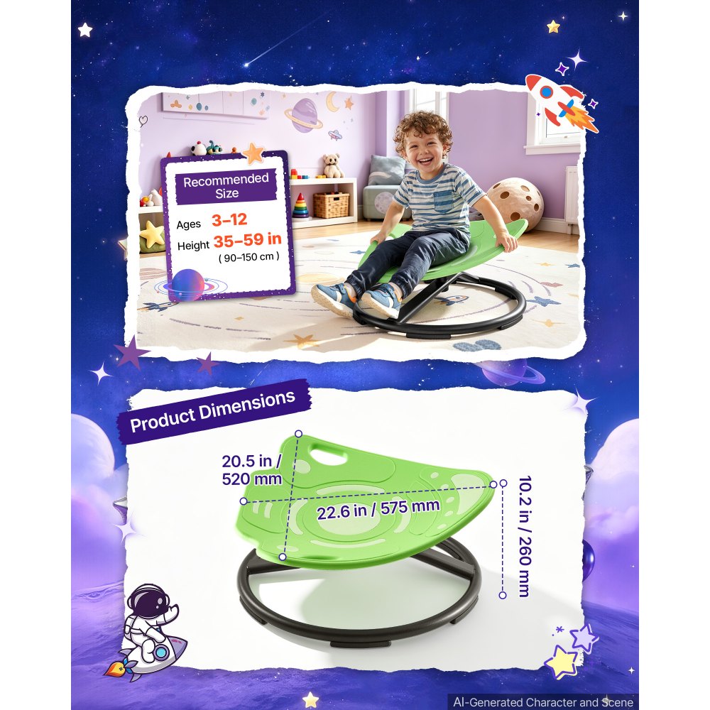VEVOR Silla Giratoria Sensorial para Niños con Autismo y TDAH Cohete Verde, Juguete para Entrenar la Coordinación Corporal y Equilibrio, Carga 75 kg, 3-12 Años, Brilla en la Oscuridad, Base de Metal