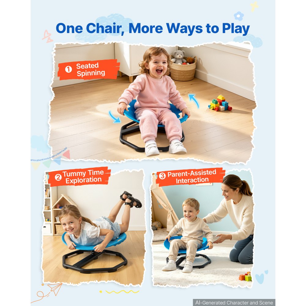 VEVOR Silla Giratoria Sensorial para Autismo Taburete Giratorio para Niños, para Mejorar la Coordinación Corporal y Entrenar el Equilibrio, Carga 50 kg, con Asas de Seguridad, Redondo Azul, 2-6 Años