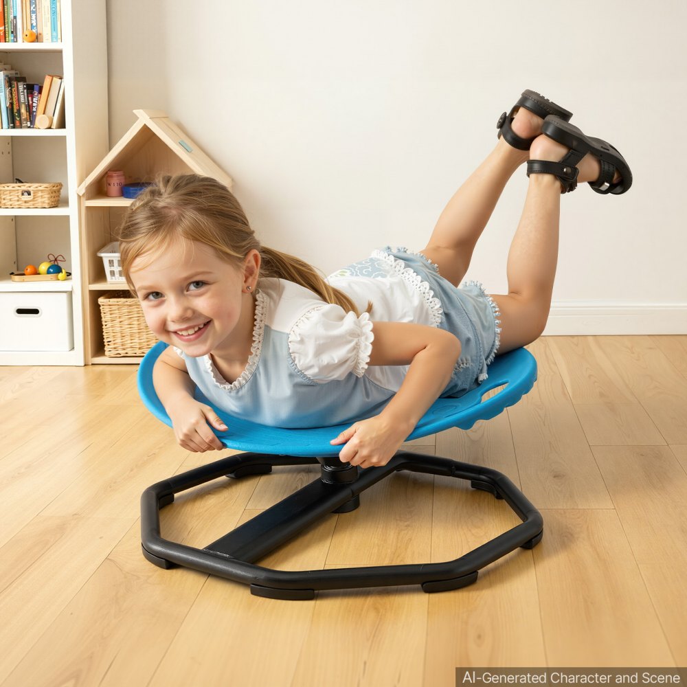 VEVOR Silla Giratoria Sensorial para Autismo Taburete Giratorio para Niños, para Mejorar la Coordinación Corporal y Entrenar el Equilibrio, Carga 50 kg, con Asas de Seguridad, Redondo Azul, 2-6 Años