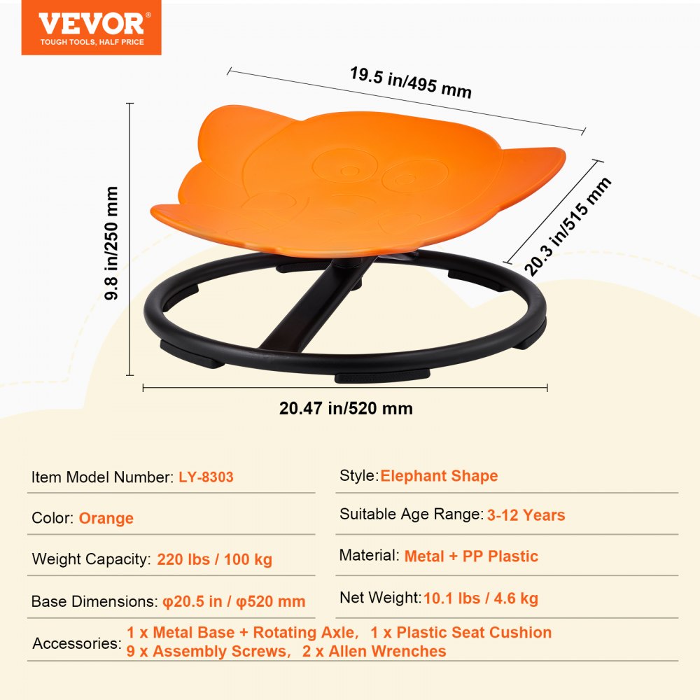 VEVOR Silla Giratoria de 360° para Niños con Forma de Elefante, Capacidad de 100 kg, Silla Sensorial con Base de Metal Antideslizante para Niños Autistas para la Coordinación, el Equilibrio, Naranja