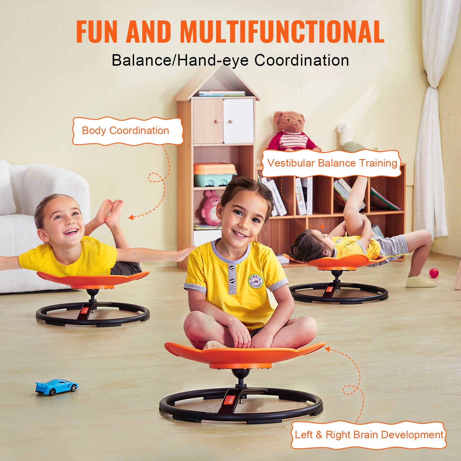 VEVOR Silla Giratoria de 360° para Niños con Forma de Elefante, Capacidad de 100 kg, Silla Sensorial con Base de Metal Antideslizante para Niños Autistas para la Coordinación, el Equilibrio, Naranja