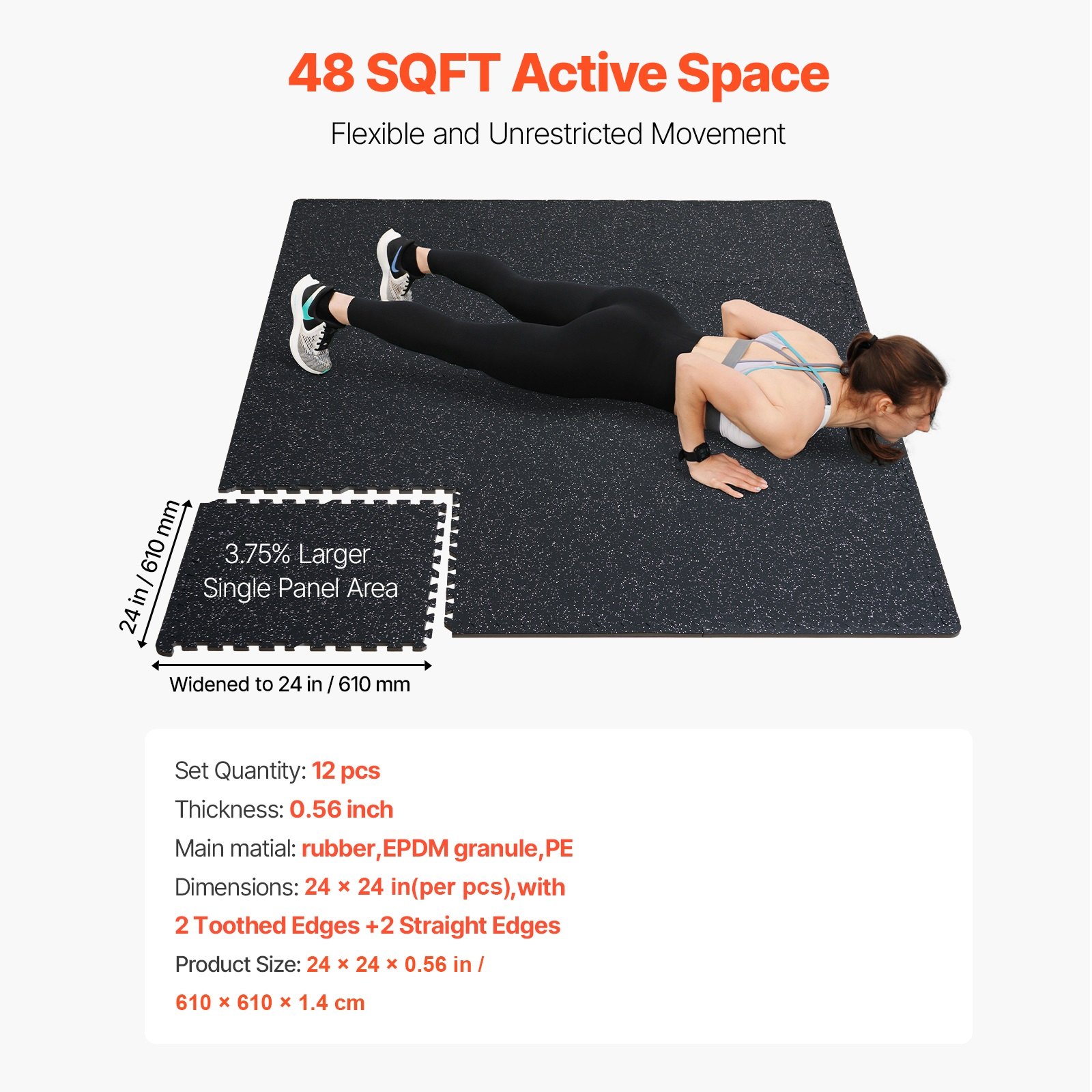 VEVOR Alfombrillas de Gimnasio de 610 x 610 x 14 mm, 12 Baldosas de Goma con Espuma EVA con Una Cobertura de 4,5 m² y Diseño de Rompecabezas Entrelazado para Gimnasio, Hogar, Garaje, Blanco y Negro