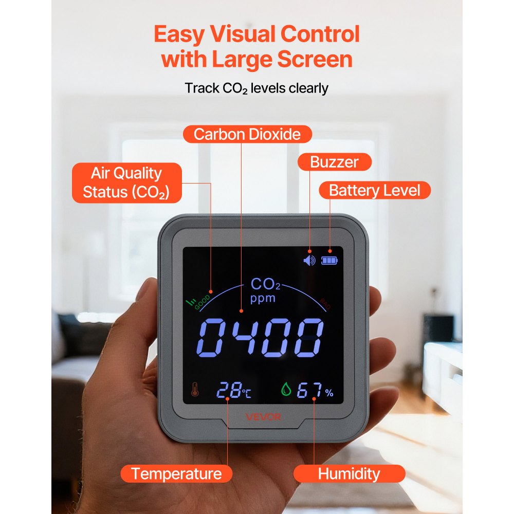 VEVOR Monitor de Dióxido de Carbono, en Tiempo Real, con Pantalla de Temperatura y Humedad, Sensor NDIR de 4,5 m, para Mesita de Noche, Hogar, Oficina, Coche, Ligero y Portátil, 90 x 40 x 100 mm