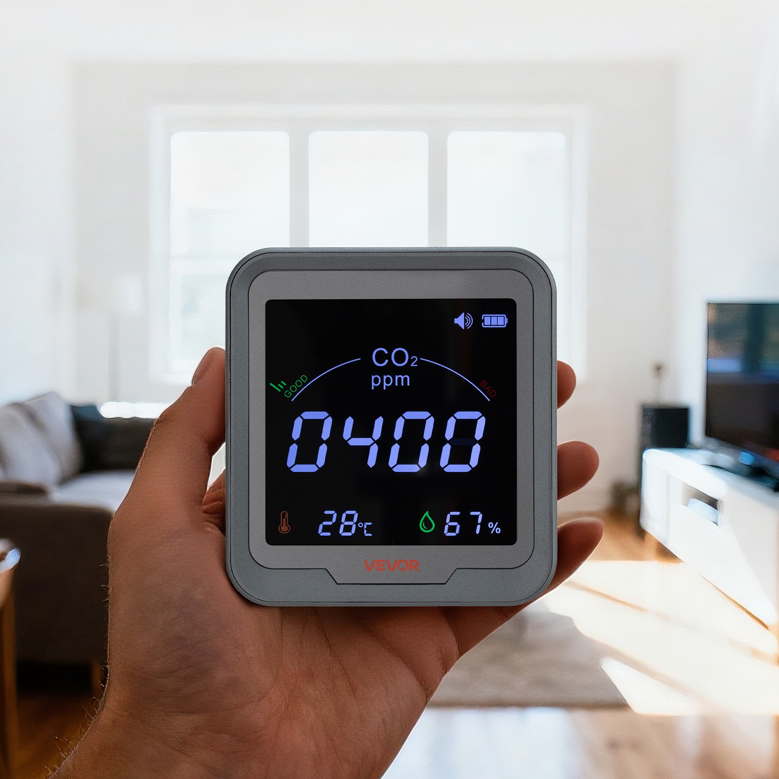 VEVOR Monitor de Dióxido de Carbono, en Tiempo Real, con Pantalla de Temperatura y Humedad, Sensor NDIR de 4,5 m, para Mesita de Noche, Hogar, Oficina, Coche, Ligero y Portátil, 90 x 40 x 100 mm