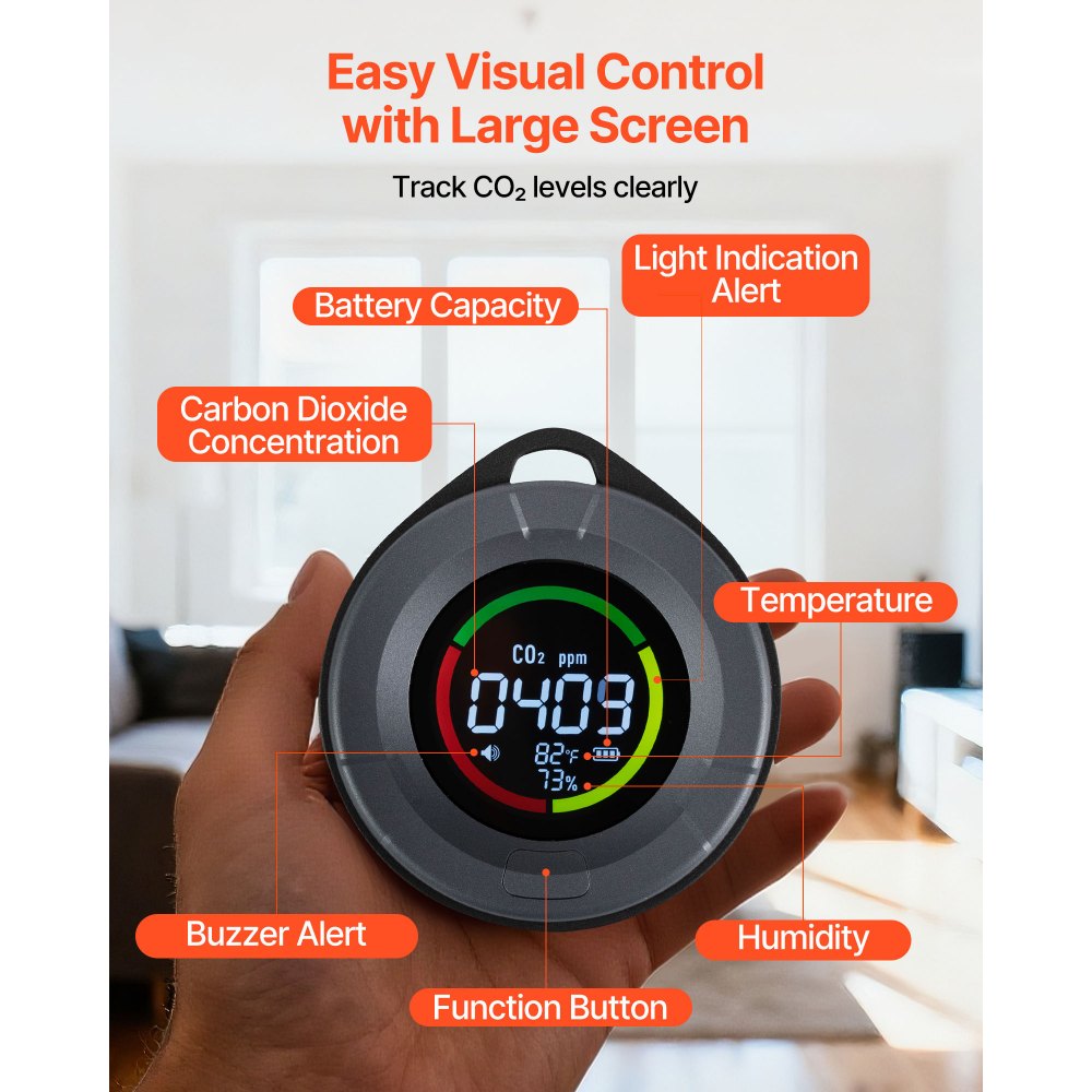 VEVOR Monitor de Dióxido de Carbono, 400 a 5000 ppm, con Pantalla de Temperatura y Humedad, Sensor NDIR de 4,5 m, para Exteriores, Hogar, Oficina, Coche, Ligero y Portátil, 70 x 30 x 75 mm, Negro