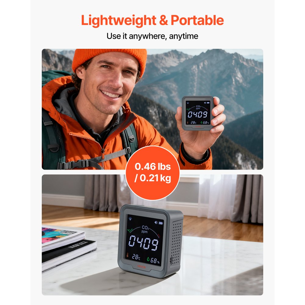 VEVOR Monitor de Dióxido de Carbono, 400 a 5000 ppm, con Pantalla de Temperatura y Humedad, Sensor NDIR con Cable 4,5 m, para Exteriores, Hogar, Oficina, Coche, Montaje en Pared, 90 x 40 x 100 mm