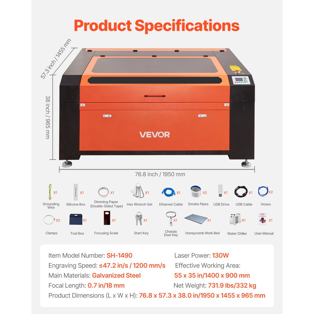 VEVOR Grabadora Láser CO2 130W, Área de Trabajo 1400 x 900 mm, Máquina de Grabado Láser con Asistencia de Aire de Paso de 2 Vías Velocidad de 1200 mm/s, para Bricolaje en Madera Acrílico Cuero