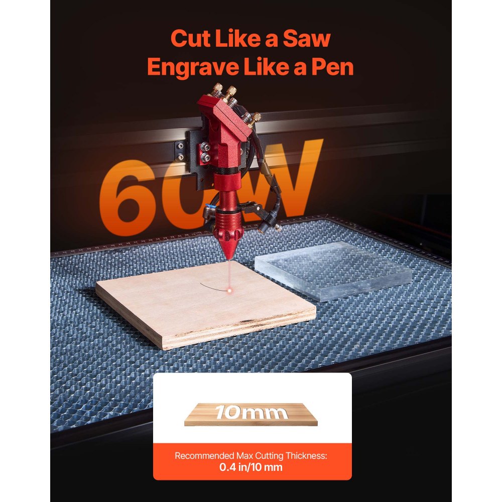 VEVOR Grabadora Láser de Dióxido de Carbono 60 W, Área Trabajo 61 x 40 cm, Asistencia de Aire 4 Pasadas, para LightBurn, CorelDRAW y RDWorks, para Madera, Acrílico y Vidrio. 1165 x 820 x 675 mm