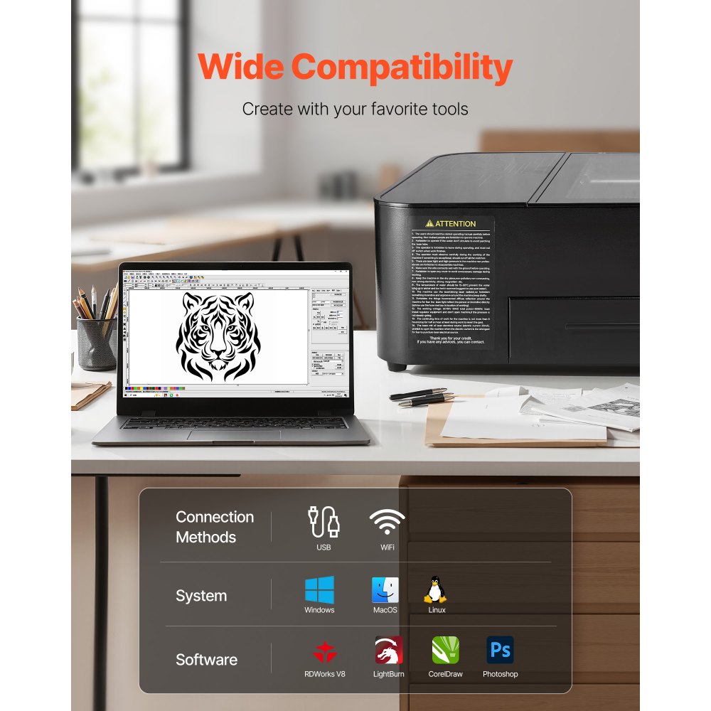 VEVOR Cortadora y Grabadora Láser CO2 55 W Área de Trabajo 500 x 300 mm, Máquina de Grabado Láser Velocidad de 500 mm/s, Compatible con LightBurn GRBL CorelDraw AutoCAD, para Madera Acrílico Vidrio