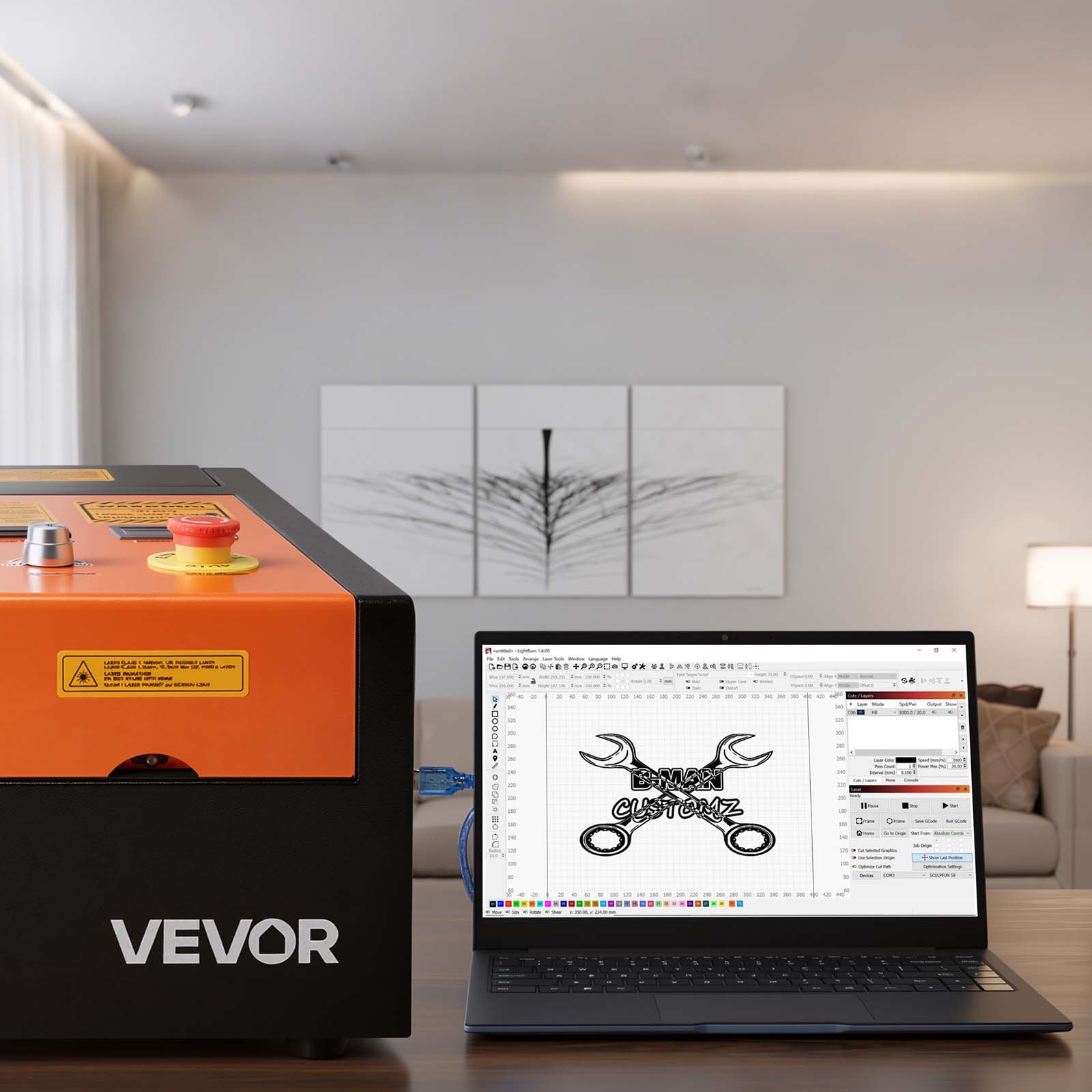 VEVOR Grabadora Láser CO2 45 W 300 x 200 mm, Máquina de Grabado Láser Precisión de 0,1 mm Velocidad 300 mm/s, Compatible con LightBurn GRBL CorelDraw AutoCAD, para Bricolaje en Madera Acrílico Vidrio