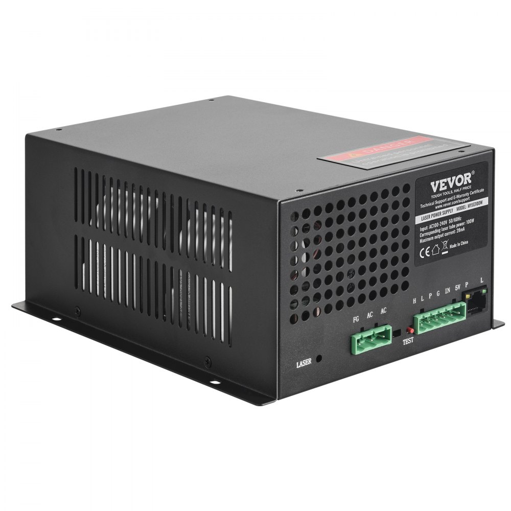 VEVOR CO2 laser power supply, 100 W, power supply for 100 W laser tube, constant current protection, no-load protection, fast heat dissipation, compatible with laser engravers and cutters of several brands