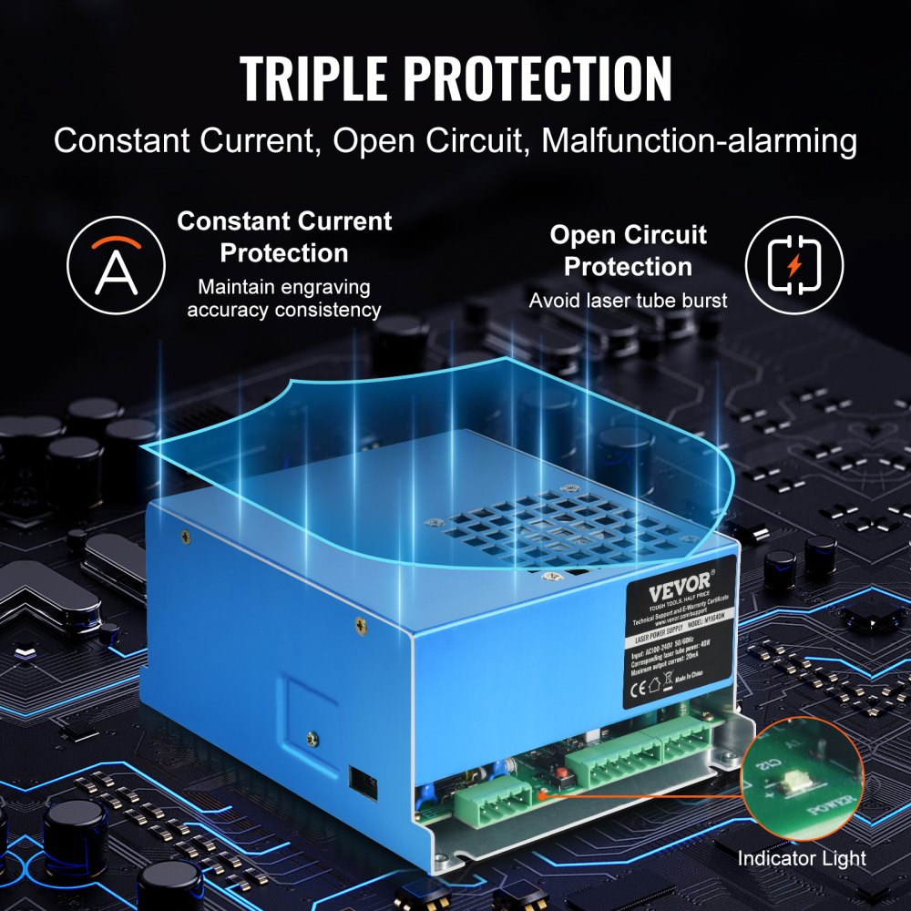 VEVOR Fuente de Alimentación Láser de CO2 para Tubo Láser de 40 W, Protección de Corriente Constante y Circuito Abierto, Disipación Rápida del Calor, Compatible con Grabadores y Cortadores Láser