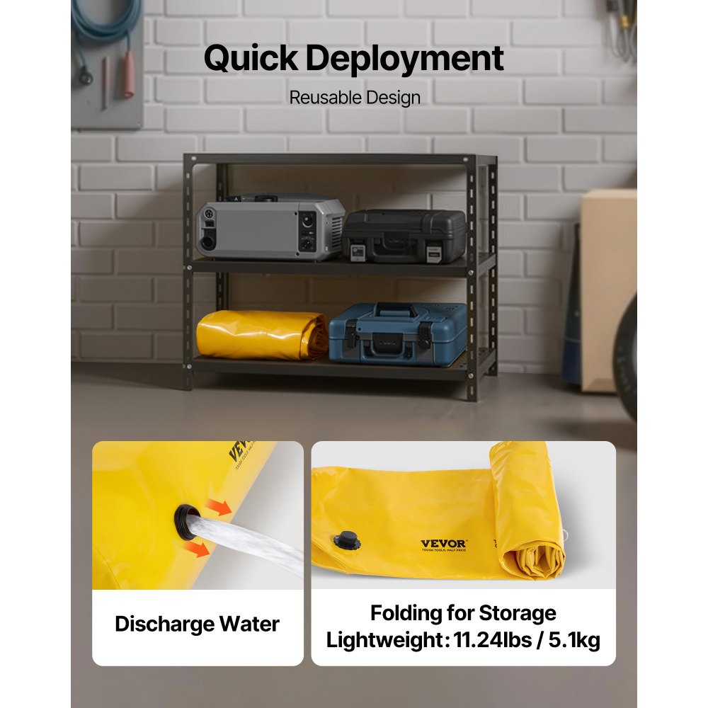 VEVOR Flood Barrier, 3.66 m Length x 30.5 cm Height, Sandbag Alternative, Water Barrier for Floods with Waterproof Effect, Reusable PVC Water Diversion Pipes