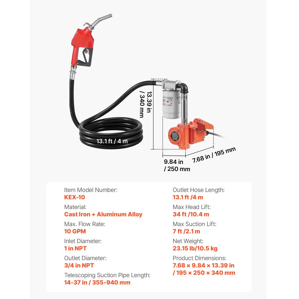 VEVOR Bomba de Transferencia de Combustible de 12 V CC 10 GPM, con Boquilla de Apagado Automático, Manguera de Descarga, Protección contra Sobrecalentamiento, para Gasolina, Diésel, Queroseno