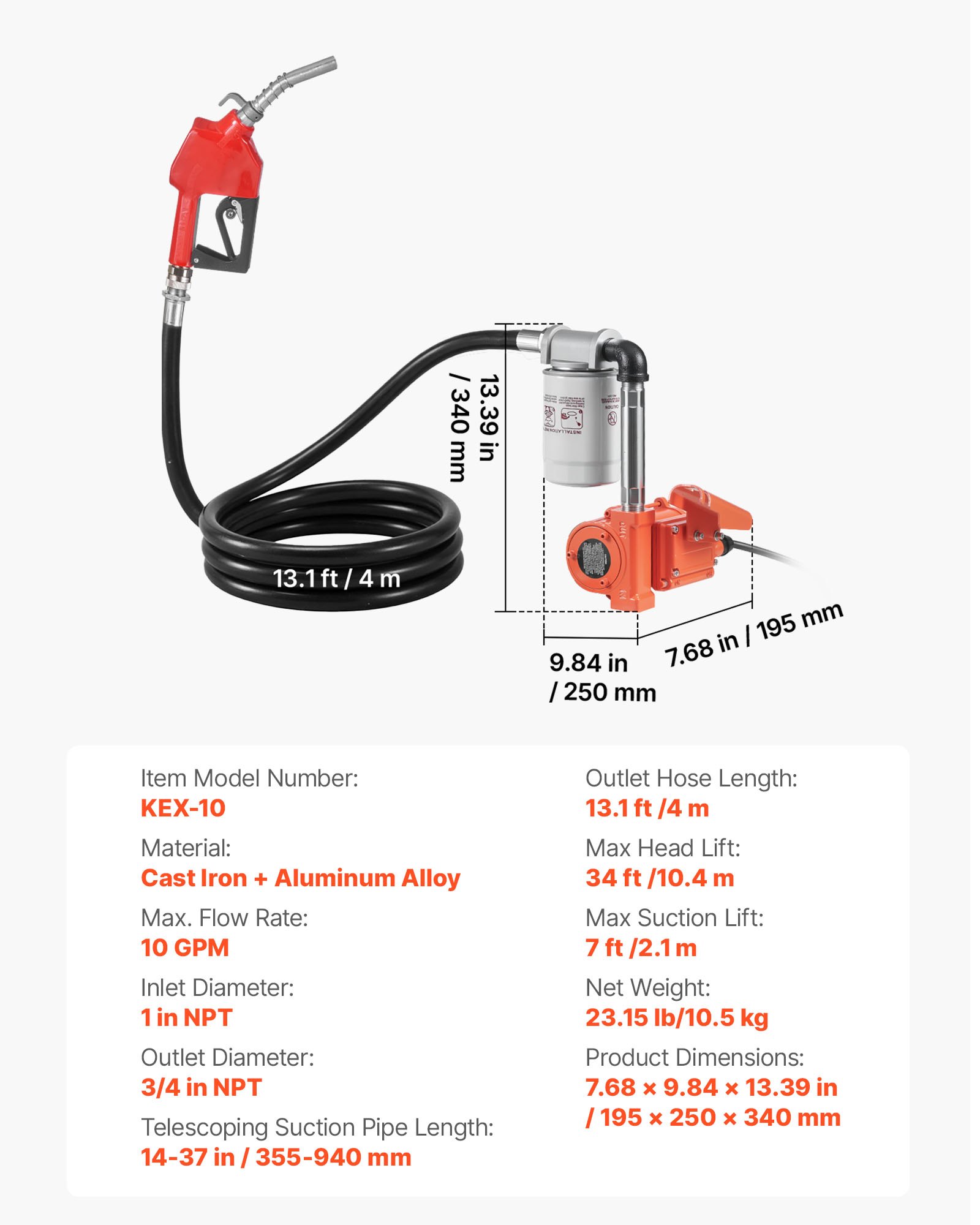 VEVOR Bomba de Transferencia de Combustible de 12 V CC 10 GPM, con Boquilla de Apagado Automático, Manguera de Descarga, Protección contra Sobrecalentamiento, para Gasolina, Diésel, Queroseno