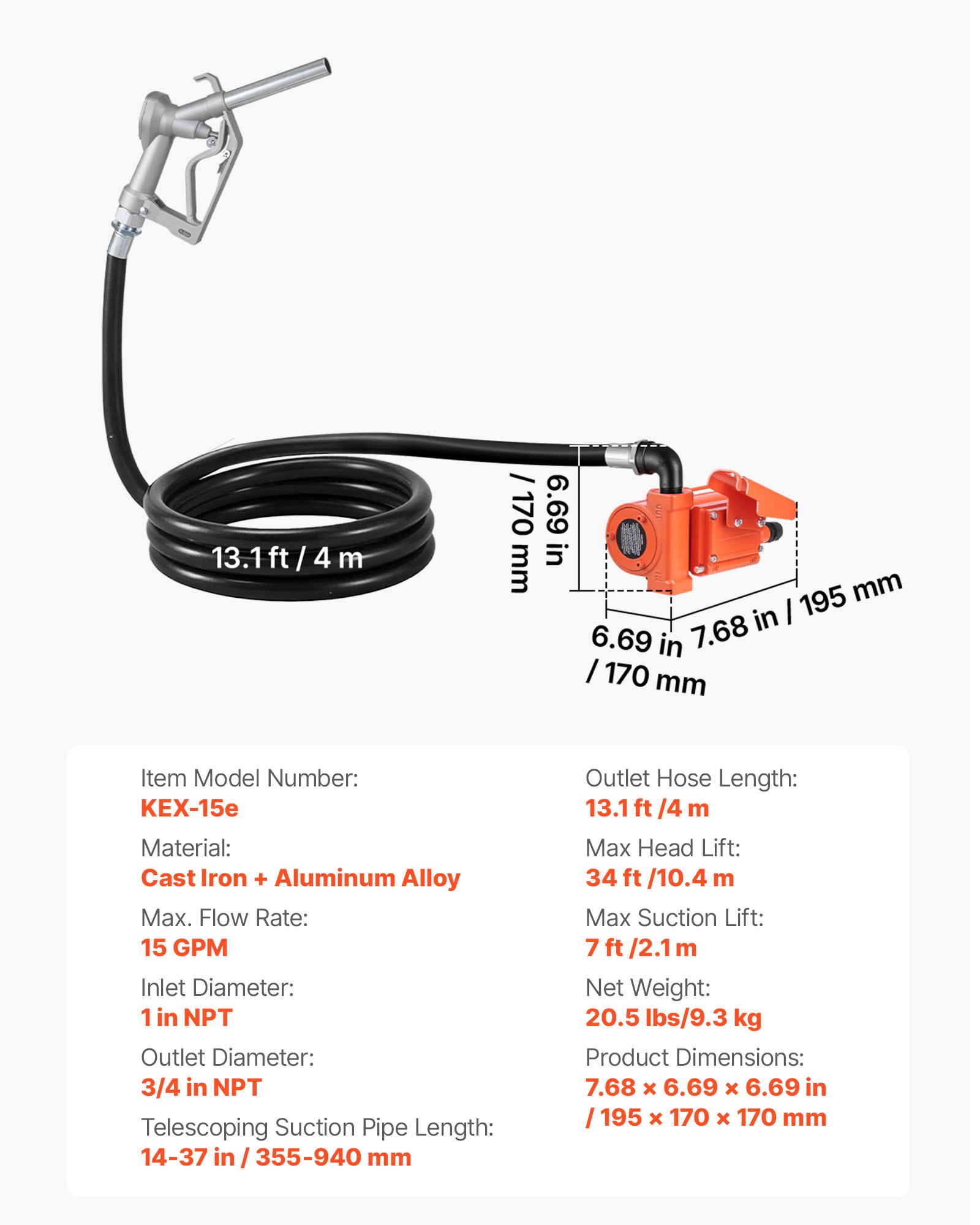 VEVOR Bomba de Transferencia de Combustible 12 V CC 15 GPM, con Boquilla Manual, Manguera de Descarga, Protección contra Sobrecalentamiento, Cable de Alimentación, para Gasolina, Diésel, Queroseno