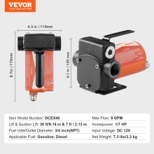 VEVOR Bomba de Transferencia de Combustible Diésel 12 V 15 GPM 19 L/min 1/7 HP