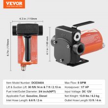 VEVOR Bomba de Transferencia de Combustible Diésel 12 V 5 GPM 19 L/min 1/7 HP