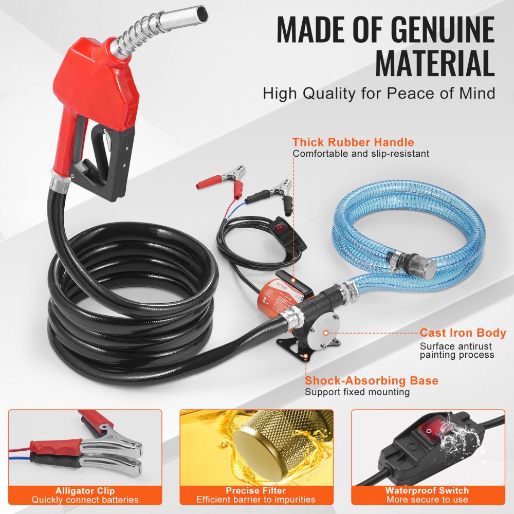 VEVOR Diesel Pump, 12 V DC, 8 GPM, 1/6 HP, Heating Oil Pump with Automatic Nozzle Shut-Off, Transfer Pump, Long Inlet and Outlet Hose for Gasoline, Diesel, Kerosene, Methanol Mixtures