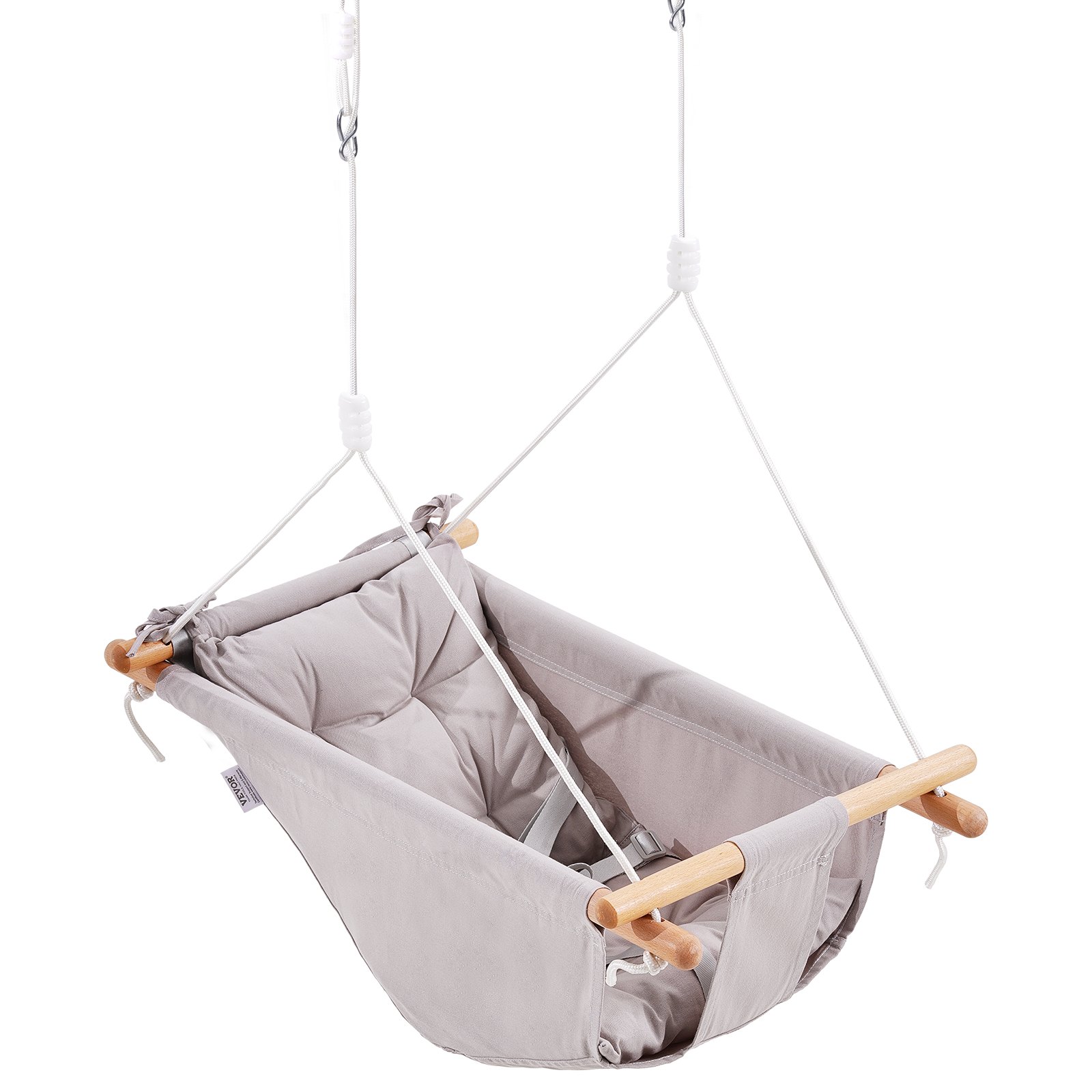 VEVOR - Hamaca de lona para bebé, 3 modos, para interior y exterior, con arnés de 5 puntos y correas para árboles, capacidad de peso de 150 libras, cojín integrado, asiento colgante de madera para bebés y niños pequeños