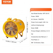 VEVOR Extractor de Aire Industrial 300 W Ventilador Extractor Portátil Volumen de Aire de 254 mm 3299 m3/h Cable de Alimentación de 3 m Sin Toma de Carga Ventilador Portátil para Aspirar Polvo, Humo