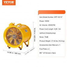 VEVOR Extractor de Aire Industrial 500 W Ventilador Extractor Portátil Volumen de Aire de 304,8 mm 4247 m3/h Cable de Alimentación de 3 m Sin Toma de Carga Ventilador Portátil para Aspirar Polvo, Humo