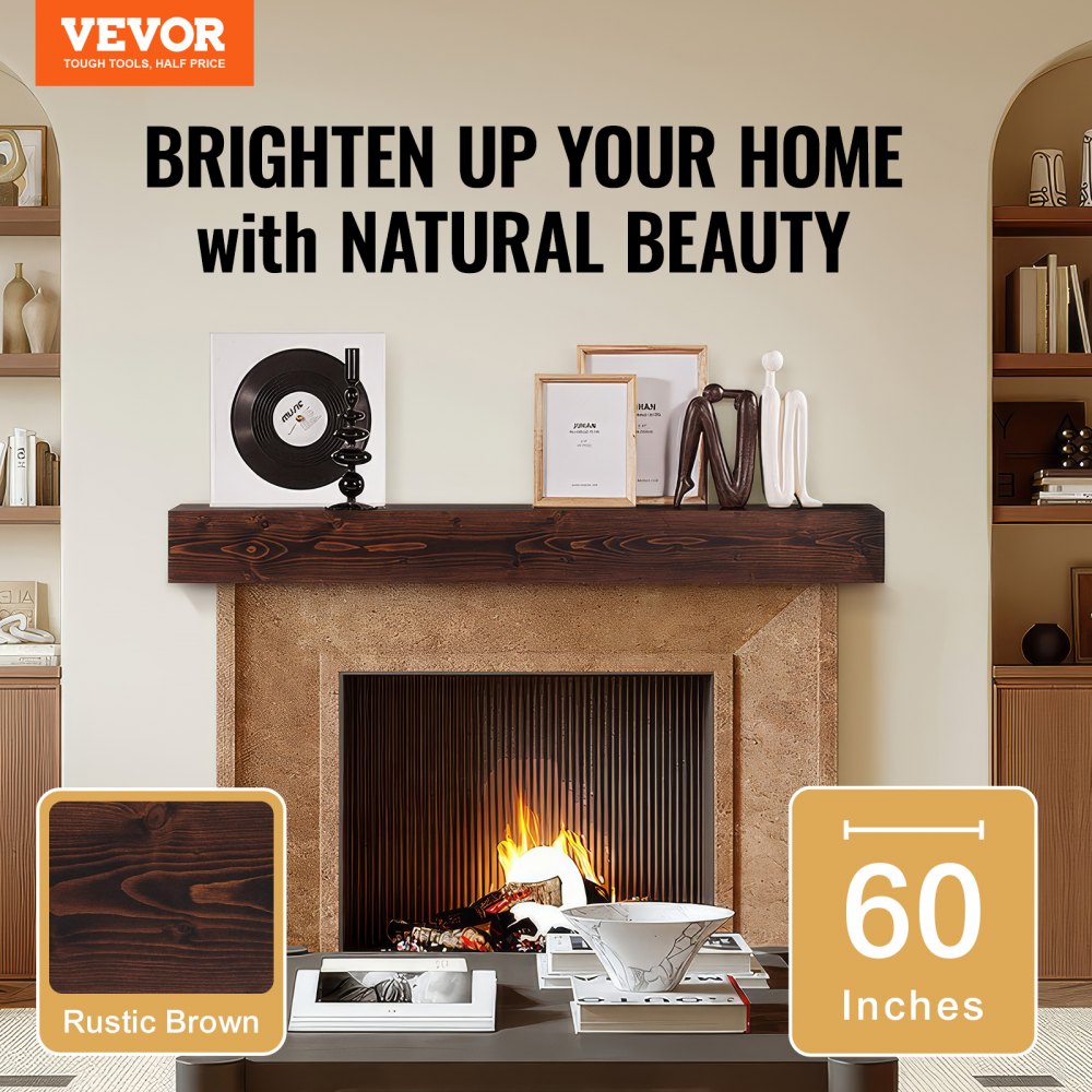 Repisa para chimenea VEVOR, 60" x 8" x 6", capacidad de peso de 50 lb, repisa de madera natural para sobre chimenea, estante flotante de granja montado en la pared, repisa de chimenea hecha a mano para decoración de pared, marrón rústico