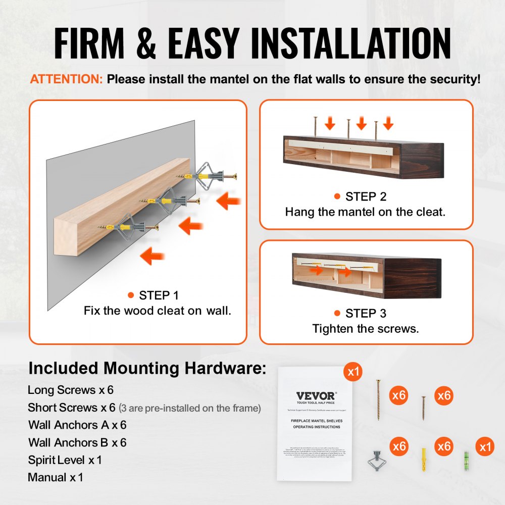 Repisa para chimenea VEVOR, 60" x 8" x 6", capacidad de peso de 50 lb, repisa de madera natural para sobre chimenea, estante flotante de granja montado en la pared, repisa de chimenea hecha a mano para decoración de pared, marrón rústico
