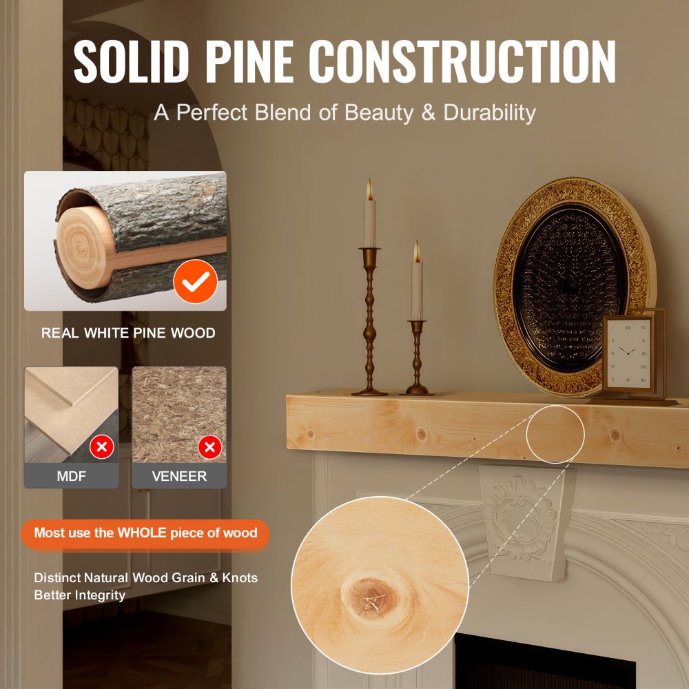 Repisa para chimenea VEVOR, 72" x 8" x 5", capacidad de peso de 50 lb, repisa de madera natural para sobre chimenea, estante flotante de granja montado en la pared, repisa de madera hecha a mano para decoración de pared, rústico natural