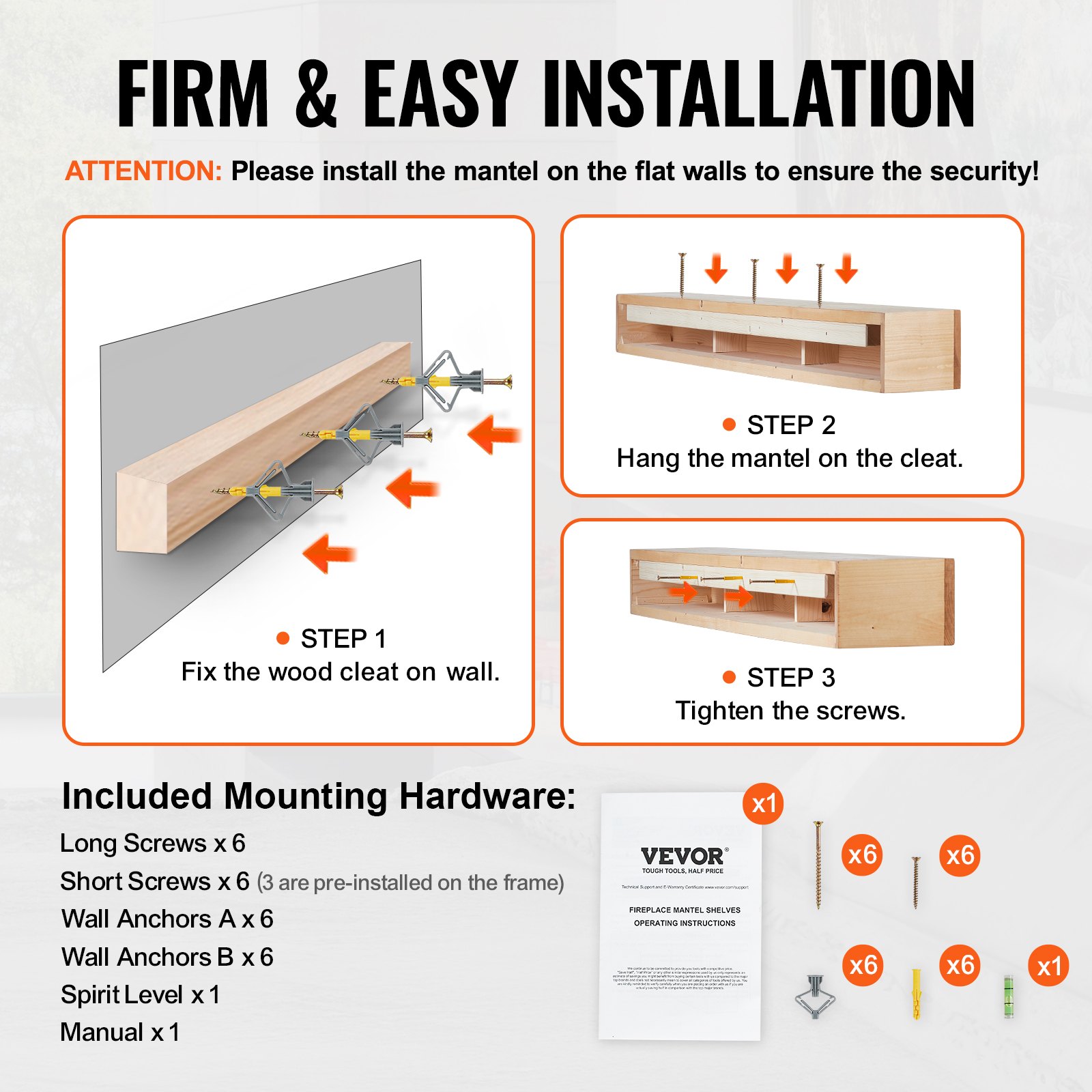 Repisa para chimenea VEVOR, 72" x 8" x 5", capacidad de peso de 50 lb, repisa de madera natural para sobre chimenea, estante flotante de granja montado en la pared, repisa de madera hecha a mano para decoración de pared, rústico natural