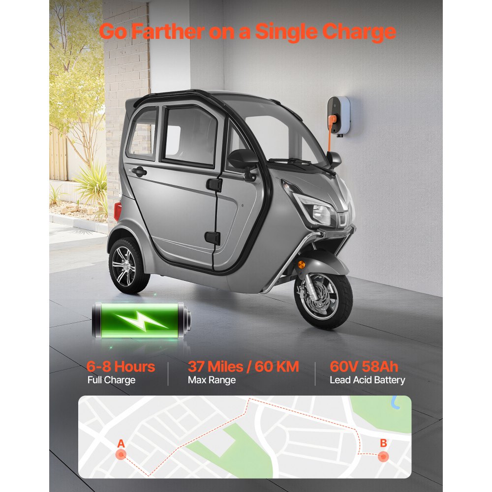 VEVOR Patinete Eléctrico de Movilidad 3 Ruedas para Personas Mayores, 1500 W, 295 kg de Carga, 60 km de Autonomía, Desbloqueo Remoto, Todoterreno, Velocidad Máxima 25 km/h, 2050 x 1100 x 1640 mm