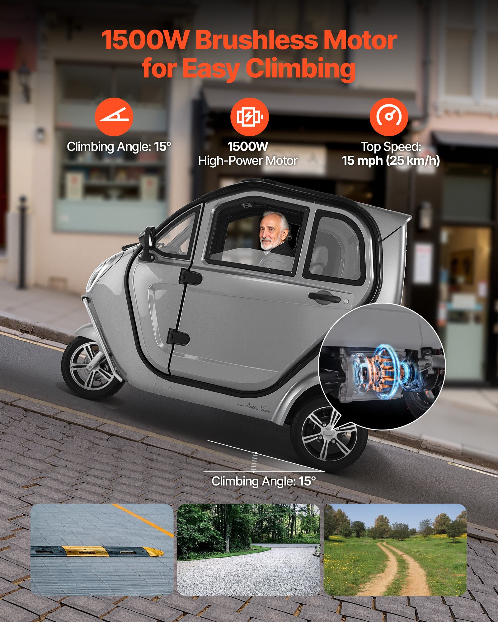 VEVOR Patinete Eléctrico de Movilidad 3 Ruedas para Personas Mayores, 1500 W, 295 kg de Carga, 60 km de Autonomía, Desbloqueo Remoto, Todoterreno, Velocidad Máxima 25 km/h, 2050 x 1100 x 1640 mm