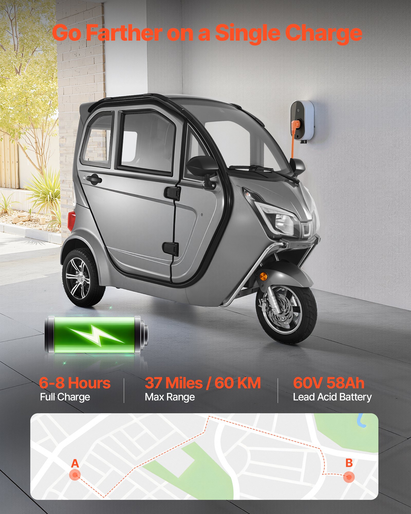 VEVOR Patinete Eléctrico de Movilidad 3 Ruedas para Personas Mayores, 1500 W, 295 kg de Carga, 60 km de Autonomía, Desbloqueo Remoto, Todoterreno, Velocidad Máxima 25 km/h, 2050 x 1100 x 1640 mm