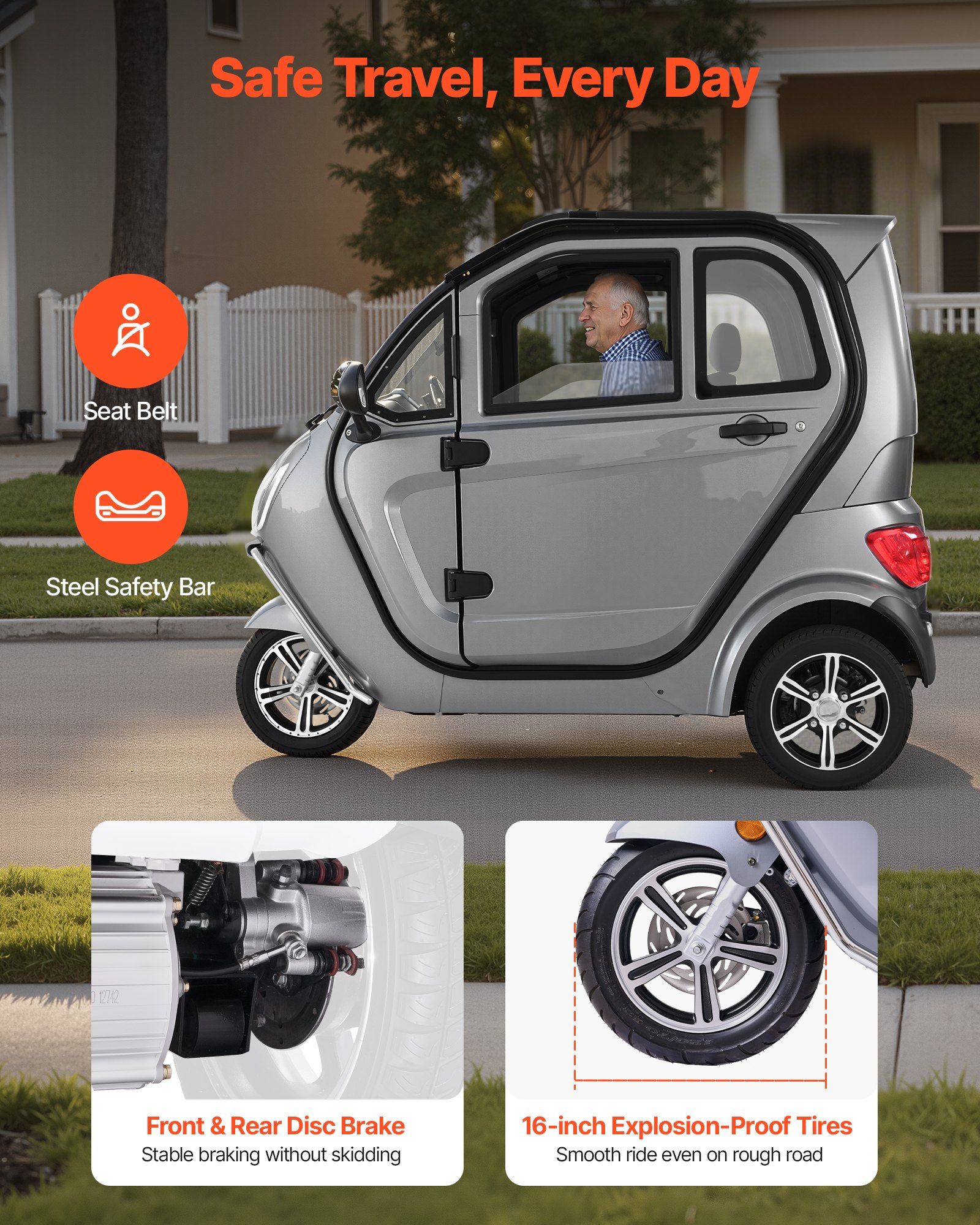 VEVOR Patinete Eléctrico de Movilidad 3 Ruedas para Personas Mayores, 1500 W, 295 kg de Carga, 60 km de Autonomía, Desbloqueo Remoto, Todoterreno, Velocidad Máxima 25 km/h, 2050 x 1100 x 1640 mm