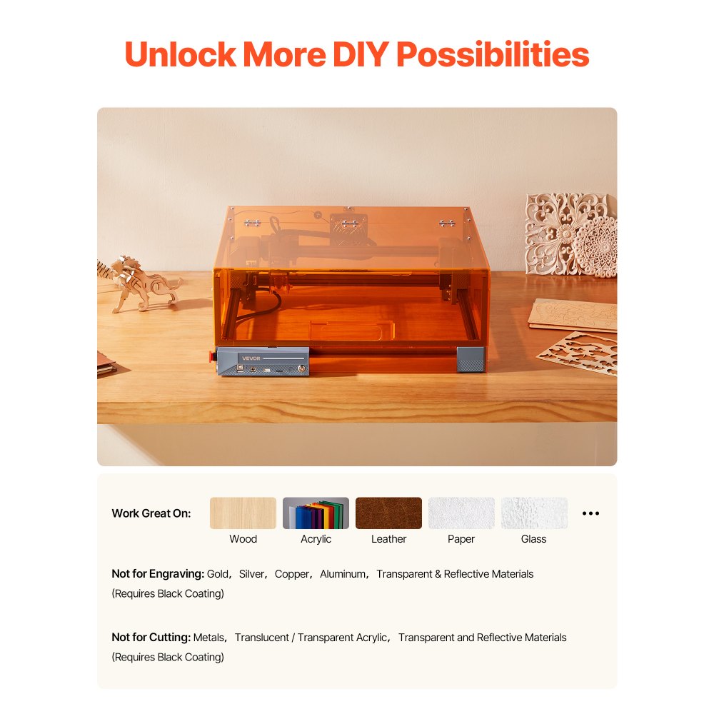 VEVOR Laser Engraver, 10W, Laser Engraving and Cutting Machine with Enclosure, Laser Cutter Engraver Machine, 300 x 300 mm Working Area, 7000 mm/min, for Wood, Leather, Glass, Certain Metal, Class 1