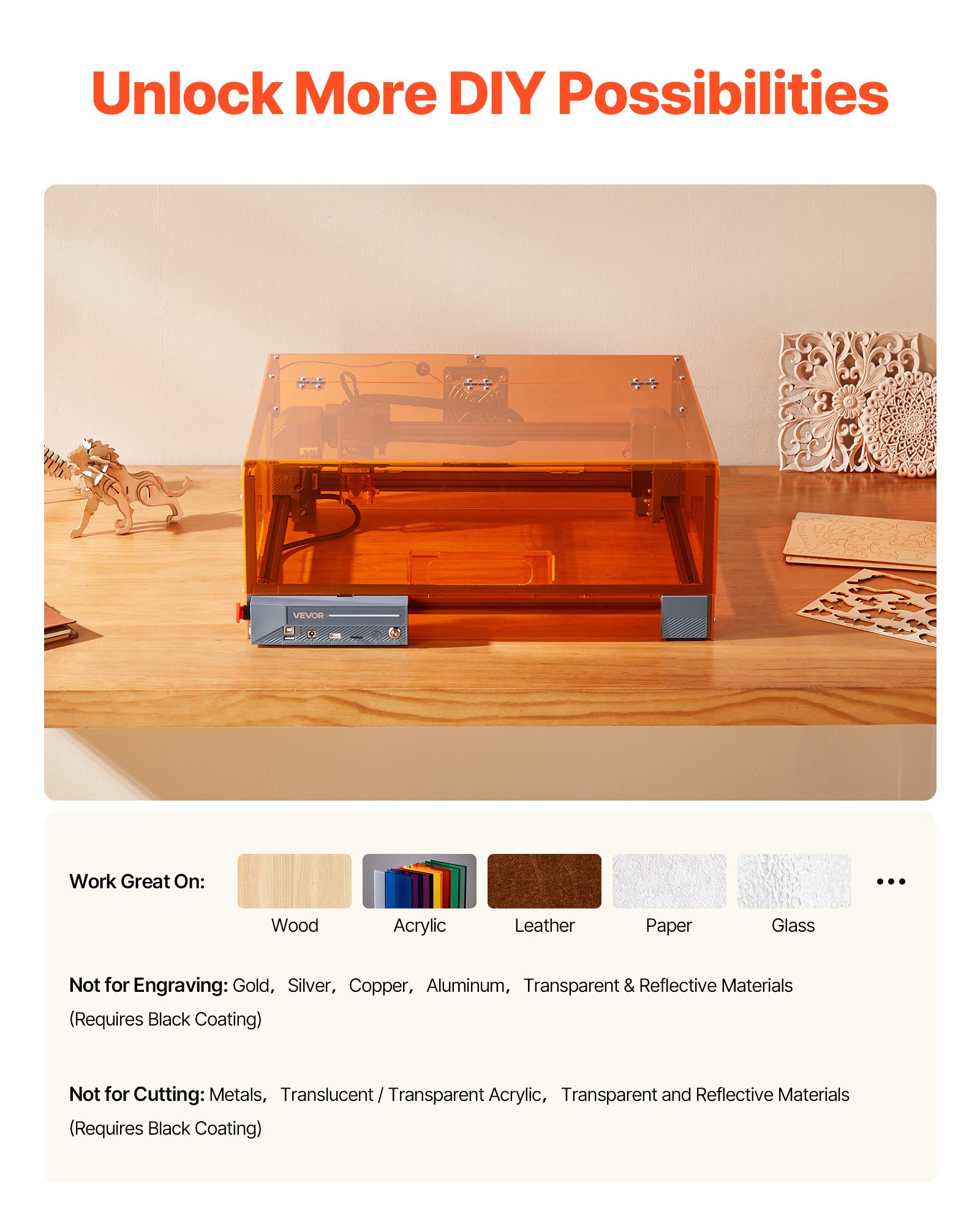 VEVOR Laser Engraver, 10W, Laser Engraving and Cutting Machine with Enclosure, Laser Cutter Engraver Machine, 300 x 300 mm Working Area, 7000 mm/min, for Wood, Leather, Glass, Certain Metal, Class 1