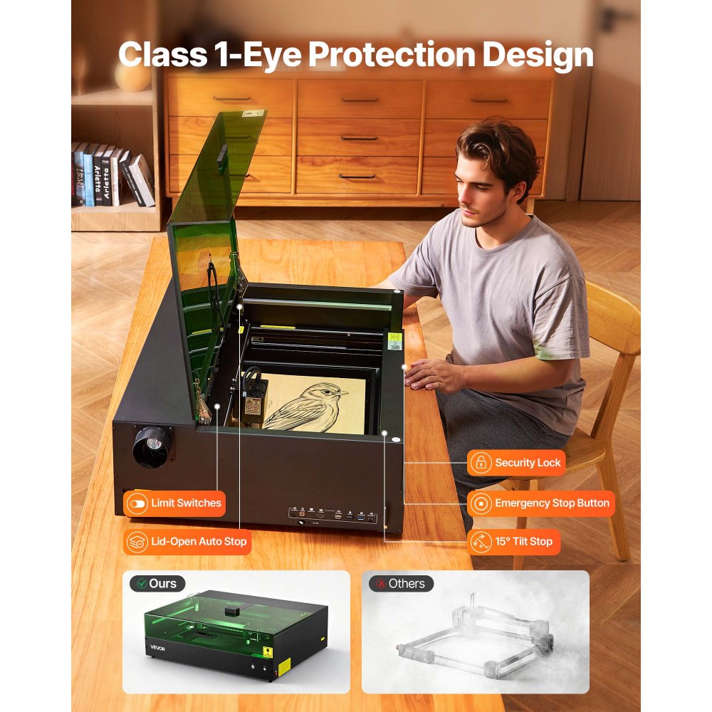 VEVOR Grabadora Láser, 20 W, Máquina de Grabado y Corte Láser con Cámara Integrada, 36 000 mm/min, Área de Trabajo de 50 x 32 cm, para Madera, Cuero, Vidrio, Papel y Ciertos Metales, Clase 1